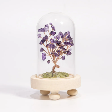 Arbre de Vie en Aventurine Verte ou Améthyste sous Cloche en Verre – Pierre Naturelle Porte-Bonheur & Énergétique – Décoration Zen et Apaisante